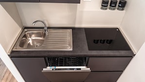 Una cocina compacta con un lavamanos de acero inoxidable, lavavajillas integrado y encimera negra.