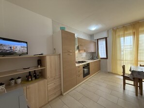 Fridge, microwave, high chair, cookware/dishes/utensils