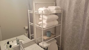 Séchoir à cheveux, serviettes fournies, savon, papier de toilette