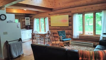 Smart-tv, een open haard, een dvd-speler en boeken