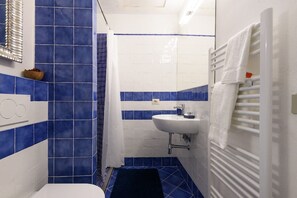 Secador de cabelo, bidê, toalhas de banho, sabonete