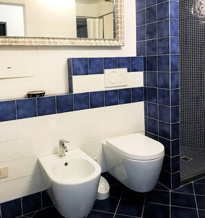 Hair dryer, bidet, towels, soap