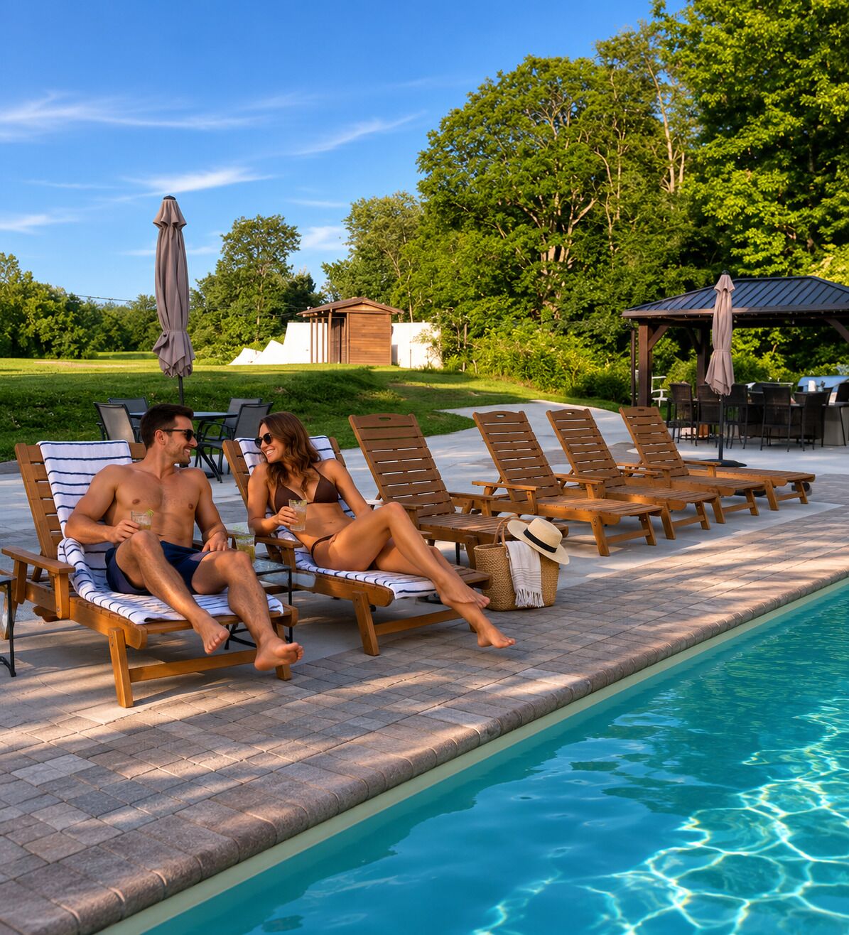 A poolside area with lounge chairs and a pool.