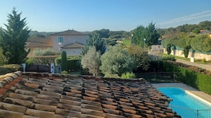 A rooftop terrace with a swimming pool, surrounded by greenery and houses.