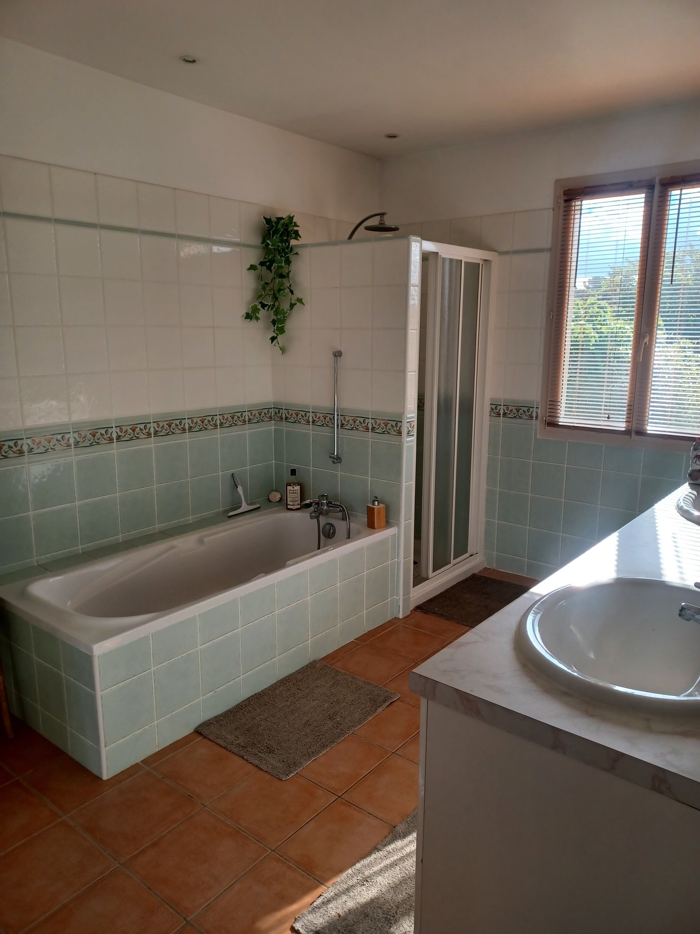 A bathroom with a bathtub, shower, and sink.