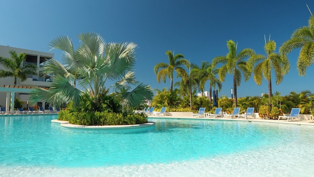 Une piscine à l’eau d’un bleu cristallin, entourée de palmiers et de chaises longues.
