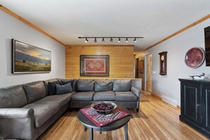 Älytelevisio, takka, kirjoja, tulostin