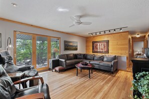 Smart TV, fireplace, books, printers