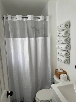 Shower, towels, soap, toilet paper