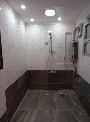 Shower, towels, soap, toilet paper