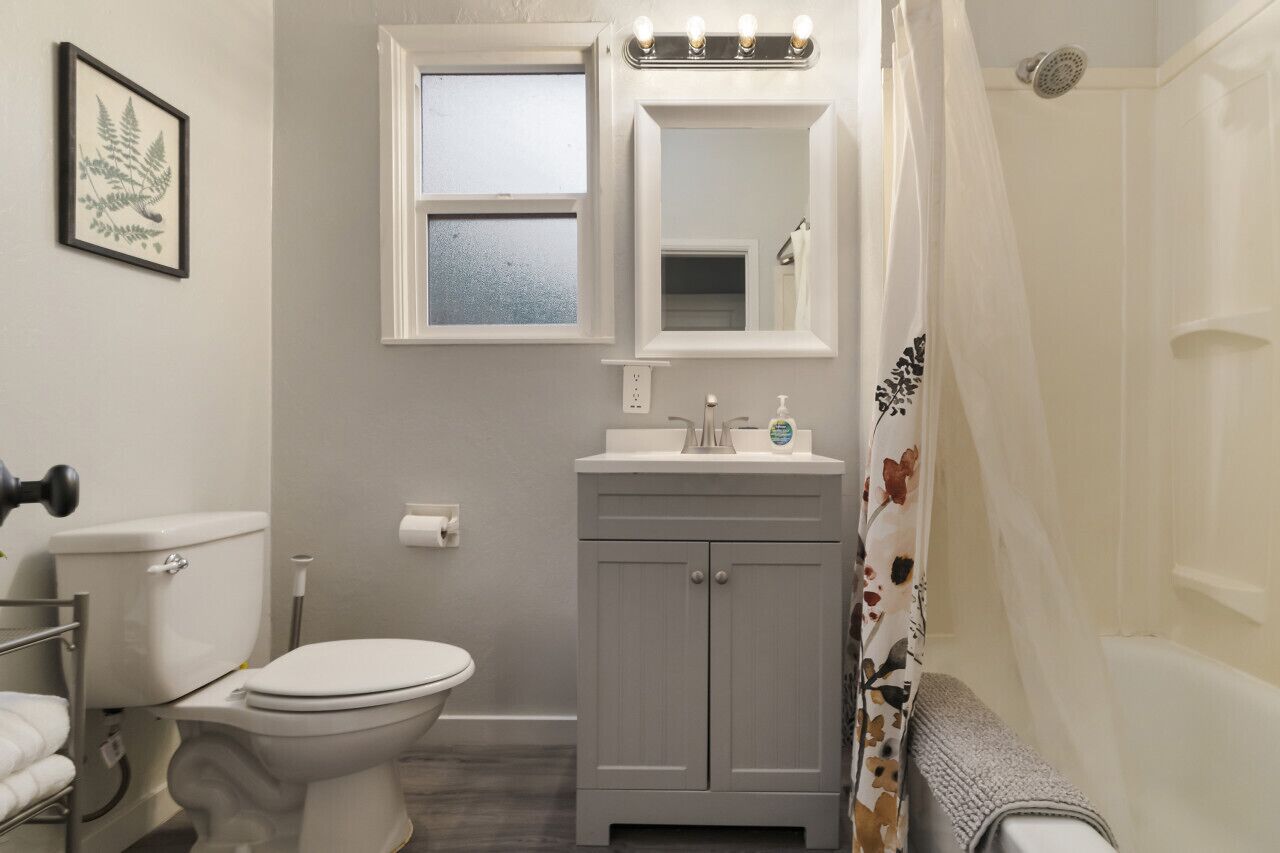 A bathroom with a toilet, a sink with a mirror above it, a shower curtain, and a framed picture on the wall.