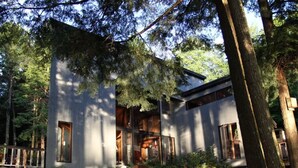 A modern house with large windows, surrounded by a garden with potted plants and a wooden chair.