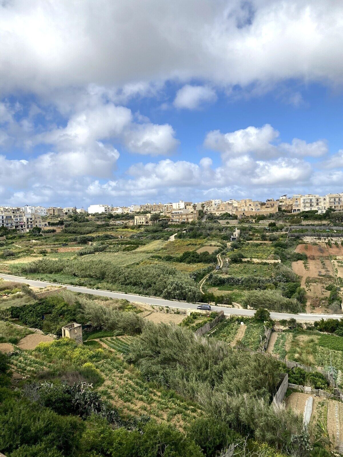 Un pueblo en una ladera con edificios, una carretera y vegetación.