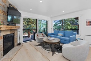 Télévision, cheminée, chaîne hi-fi