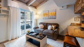 Televisión, chimenea y estéreo