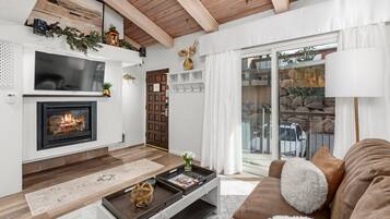 Televisión, chimenea y estéreo