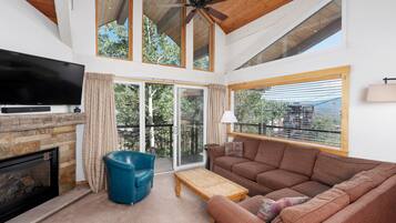 Televisión, chimenea y estéreo