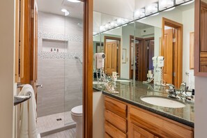 Shower, hair dryer, towels