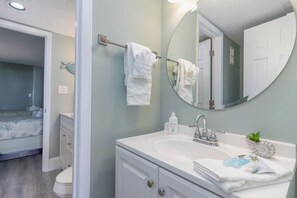 Hair dryer, towels, toilet paper