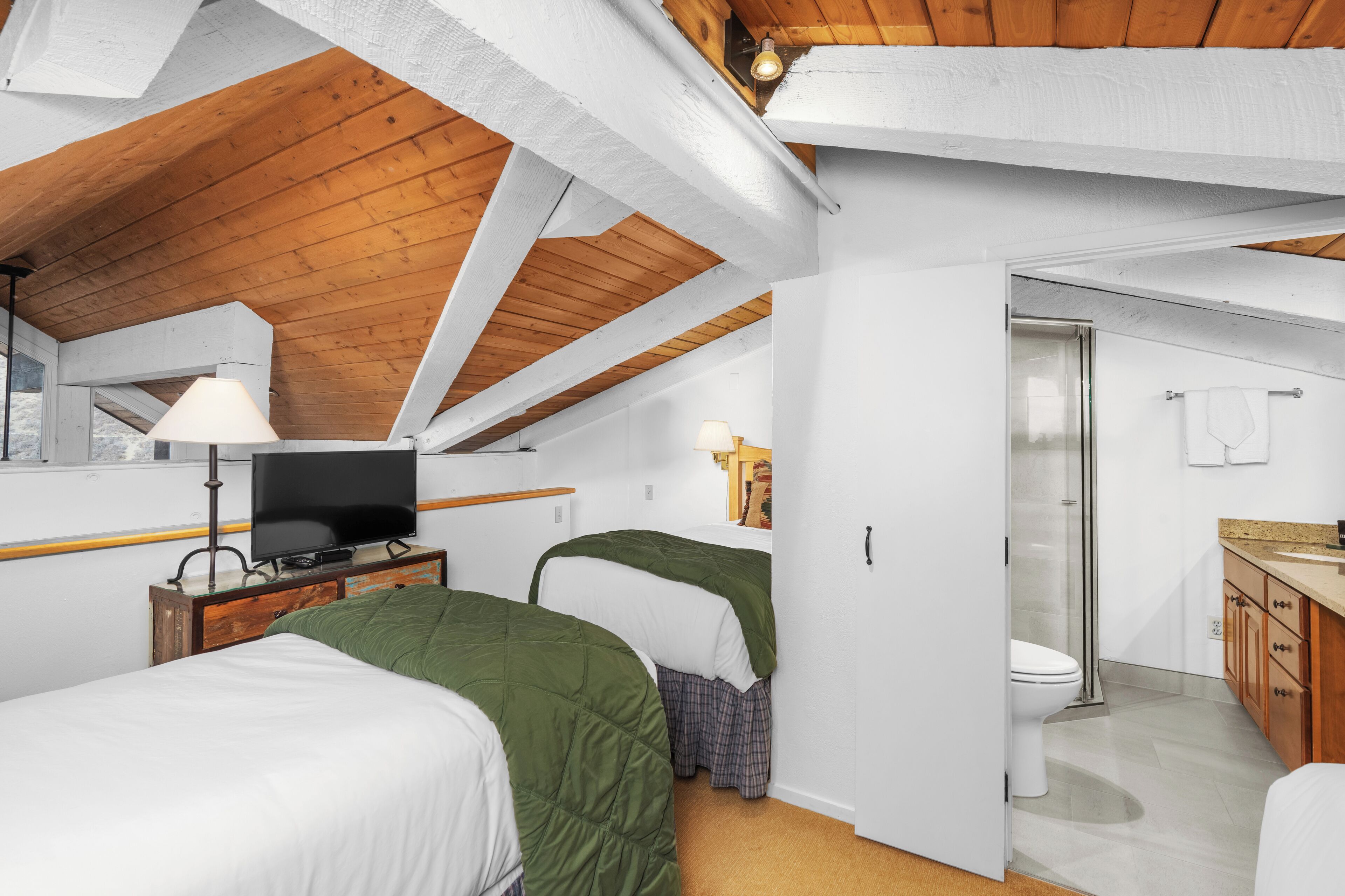 A bedroom with two beds, a television, and a bathroom with a toilet and sink.