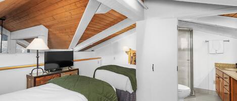A bedroom with two beds, a television, and a bathroom with a toilet and sink.