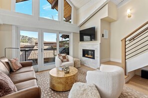 Télévision, cheminée, chaîne hi-fi