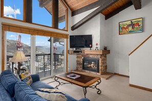 Télévision, cheminée, chaîne hi-fi