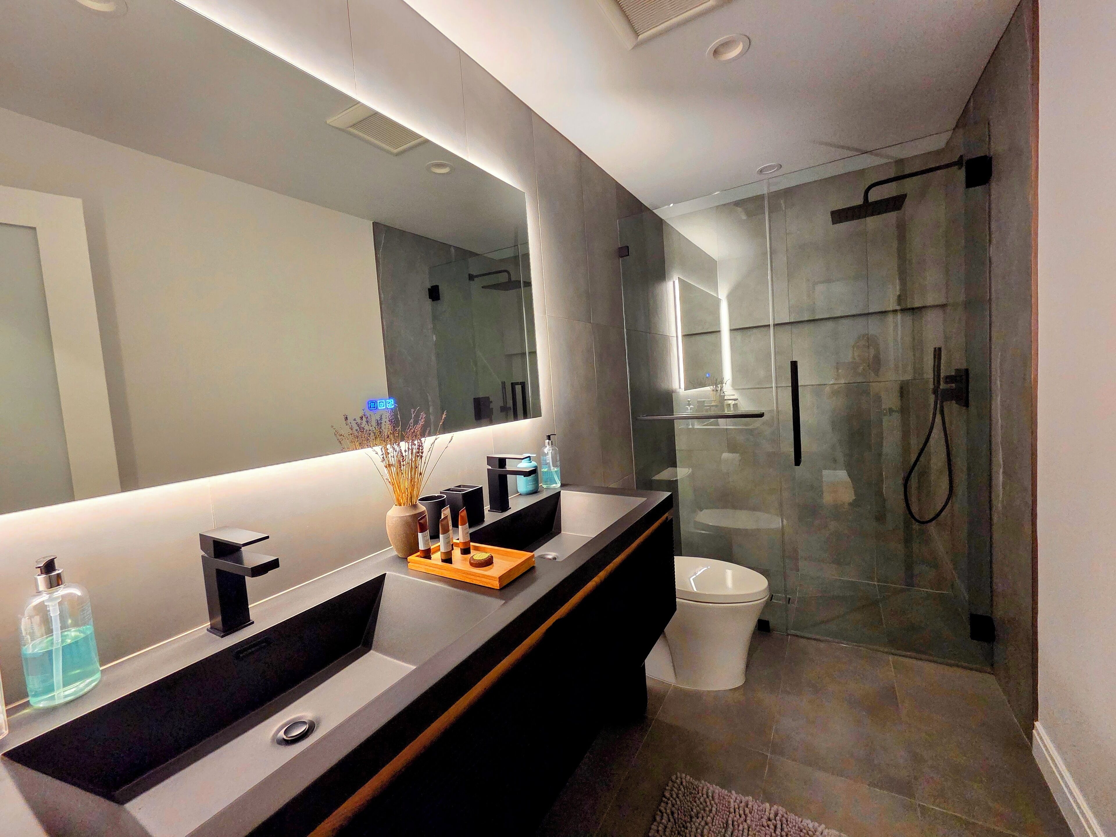 Hair dryer, towels, soap, toilet paper