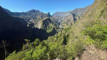 A mountainous landscape with rugged terrain and dense vegetation.