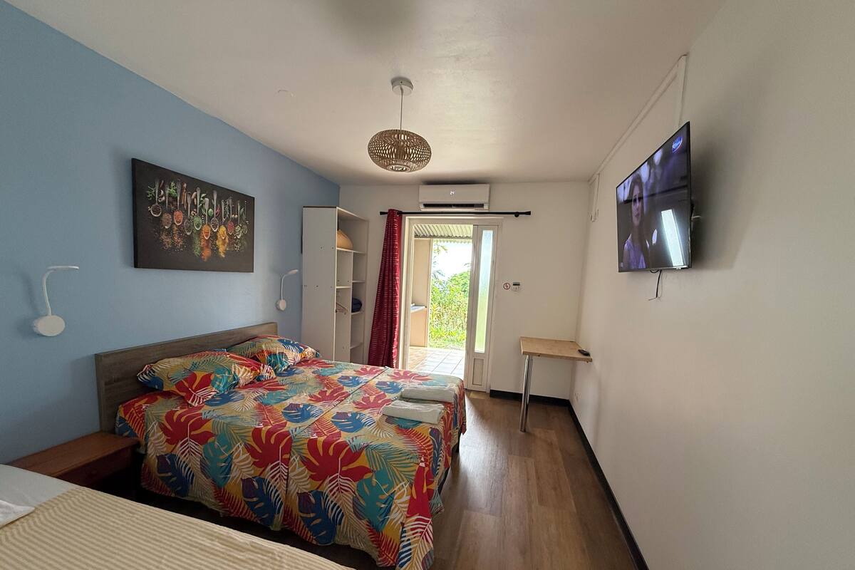 Un dormitorio con cama, televisor, armario y ventana con vista a follaje.