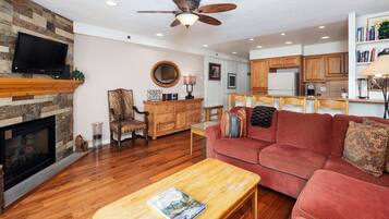 Televisión, chimenea, estéreo