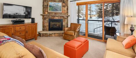 Télévision, cheminée, chaîne hi-fi