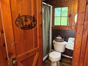 Shower, towels, soap, toilet paper