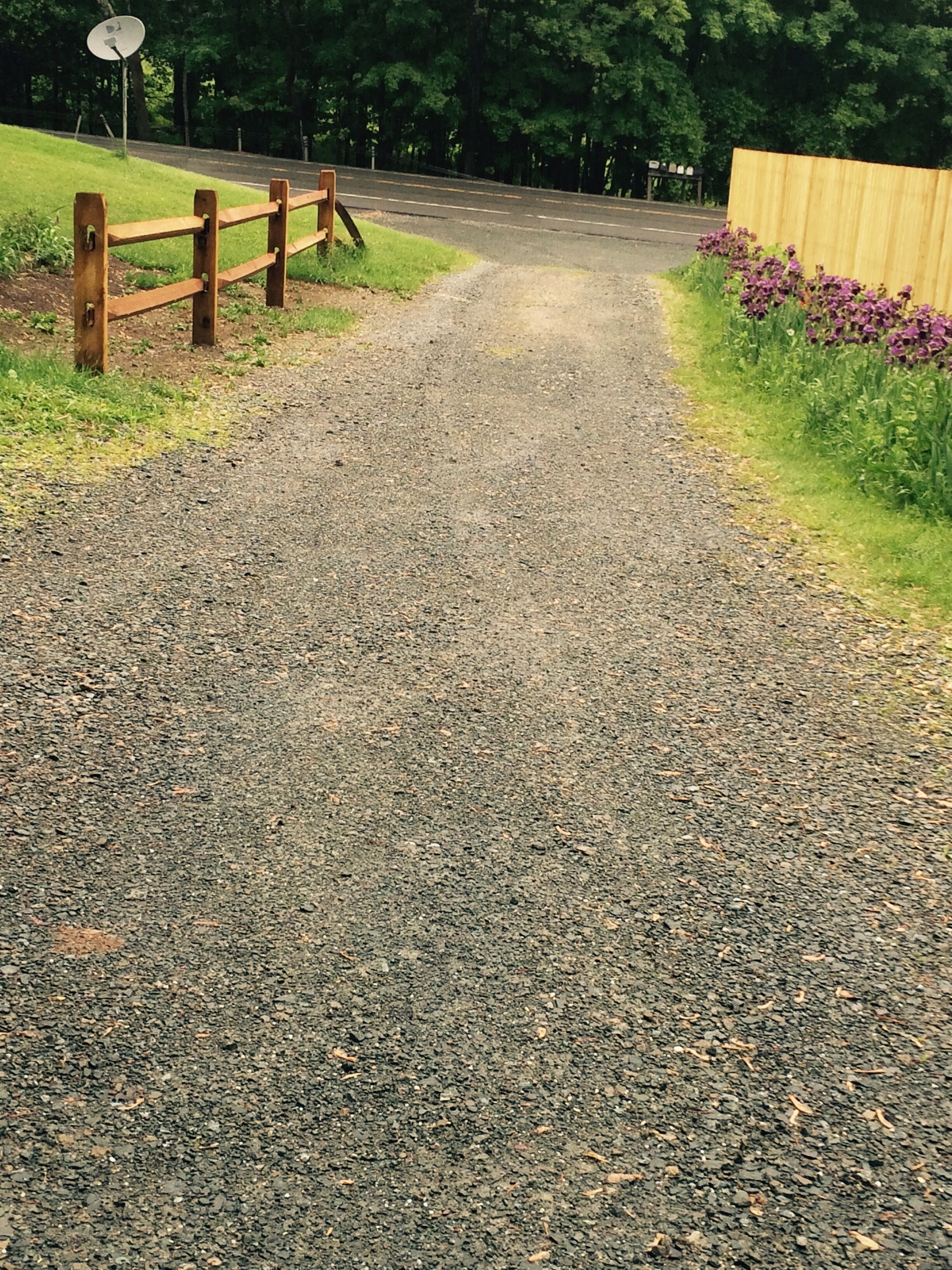 A gravel path leading to a road, flanked by a wooden fence and a wooden barrier with purple flowers.