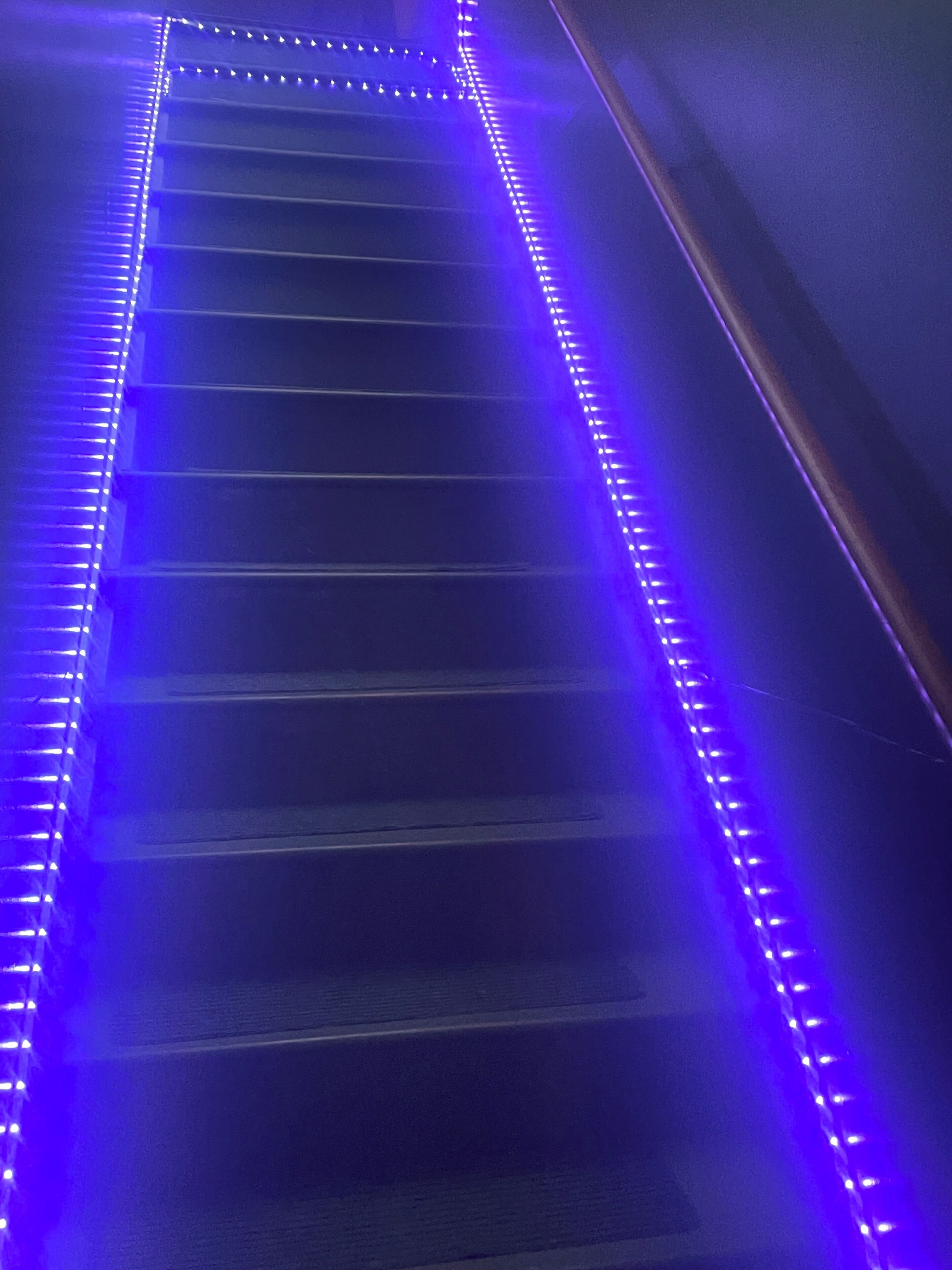Un escalier agrémenté d’une bande lumineuse à LED violette le long du bord.