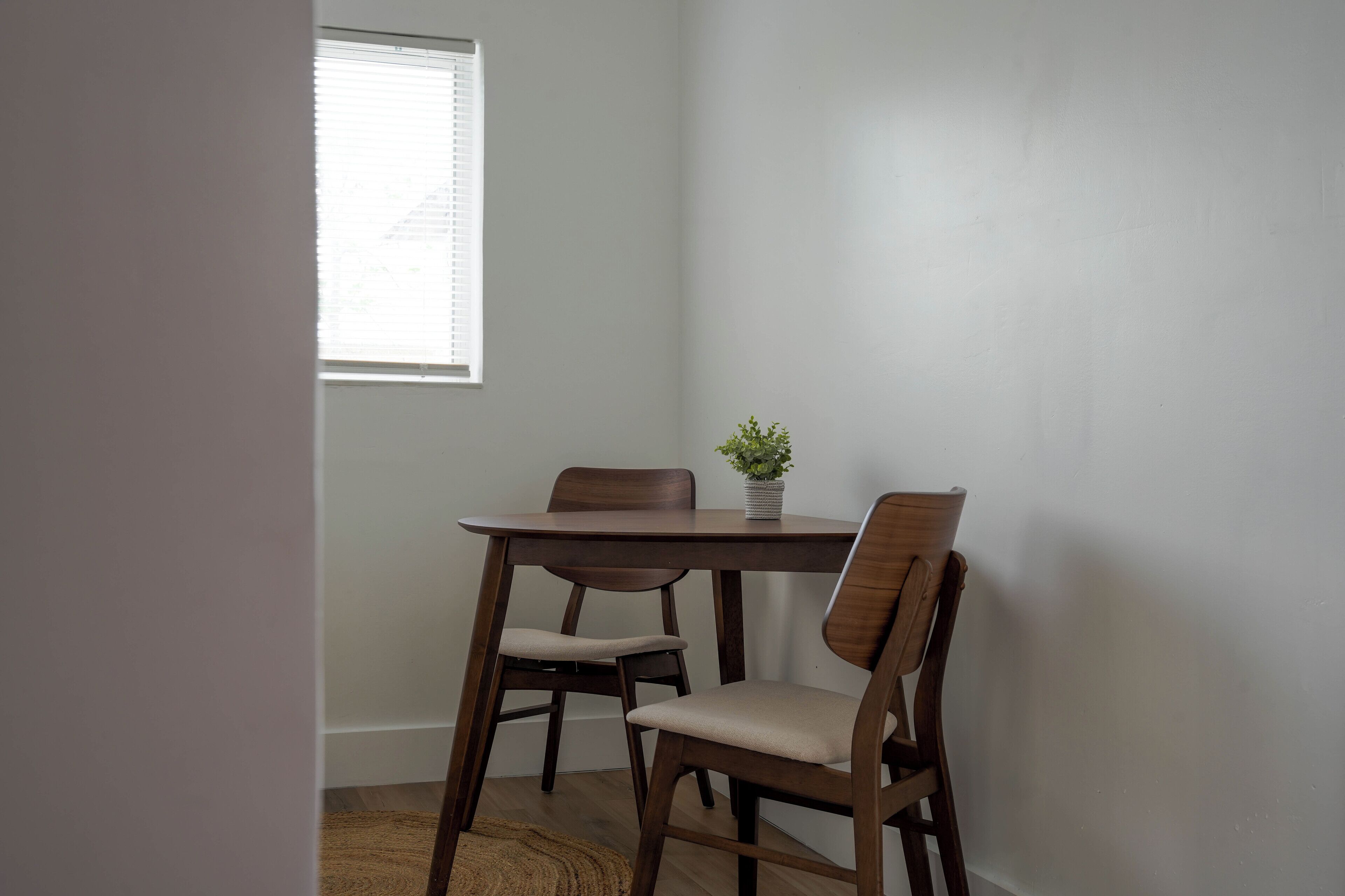 Un comedor con una mesa de madera y cuatro sillas, una planta en maceta sobre la mesa y una ventana con persianas.