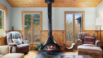 A cozy room with a fireplace, wooden walls, and large windows.