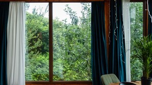 A room with a large window, wooden walls, a wooden table with a bowl, a chair, and a potted plant. - Greenland Pheria - Cabin near Batumi (Batumi)