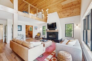 TV, fireplace, books