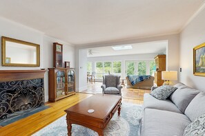 TV, fireplace, books