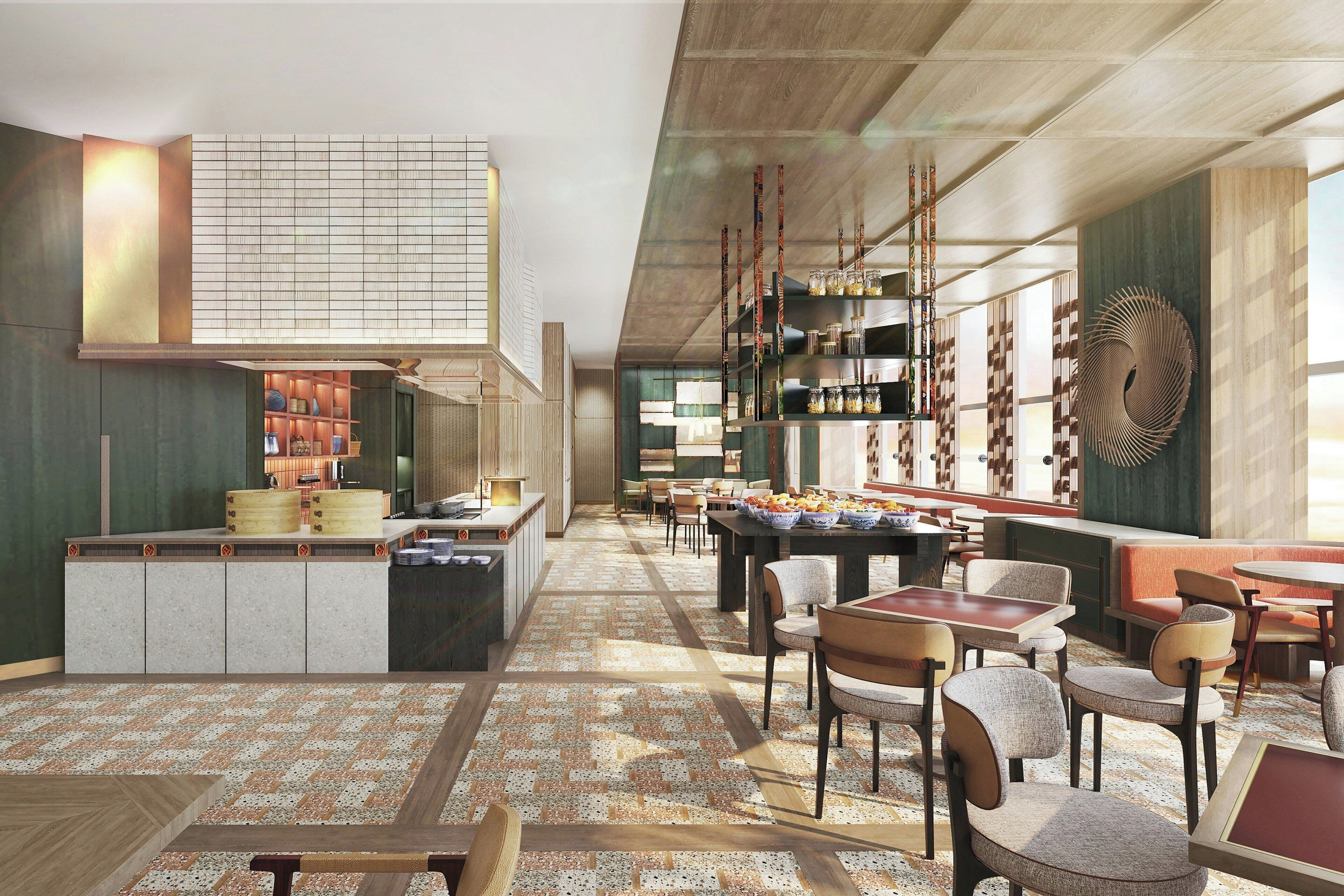 A spacious restaurant with high ceilings, a central dining area with round tables, and a variety of seating options.