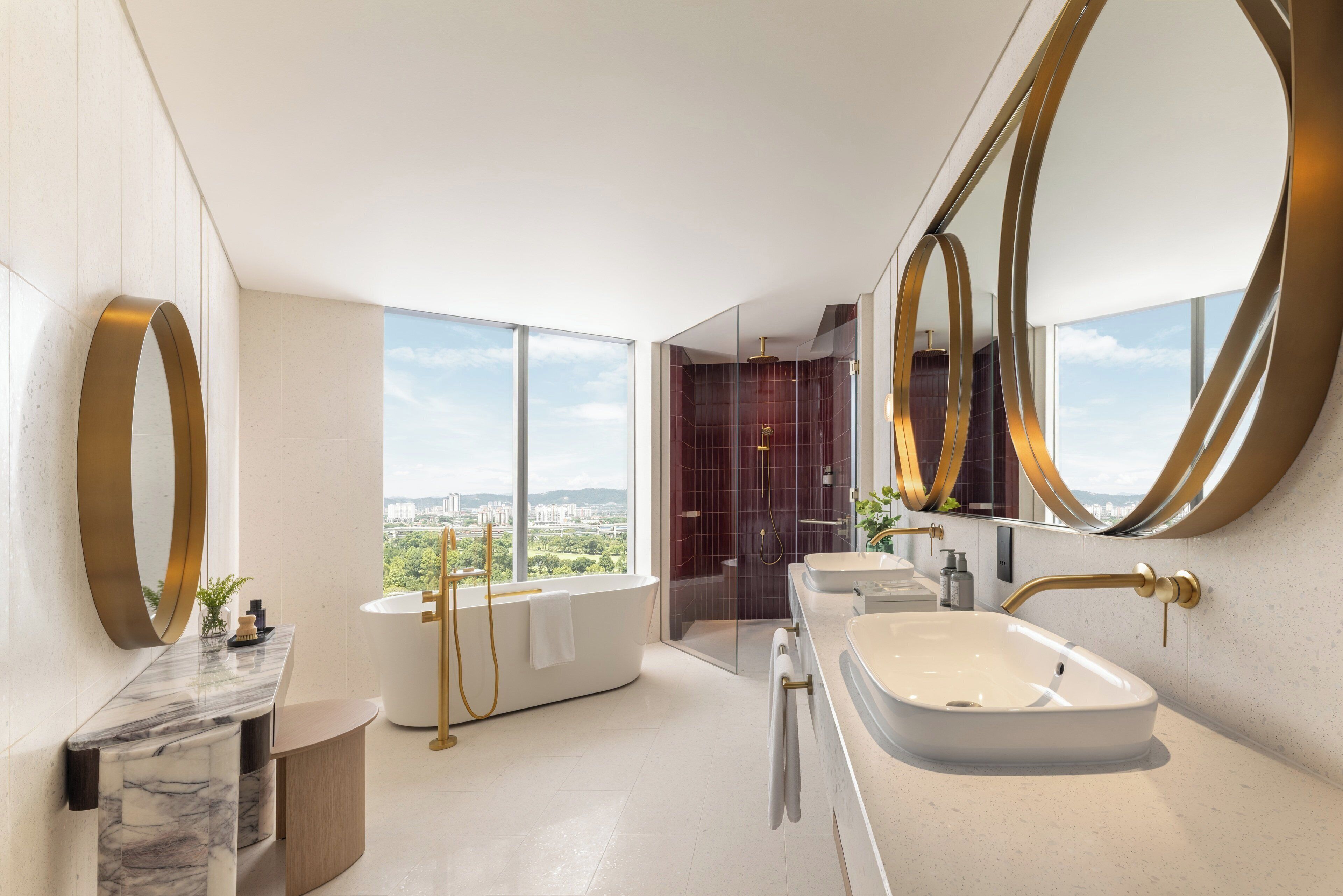 Designer toiletries, hair dryer, slippers, bidet