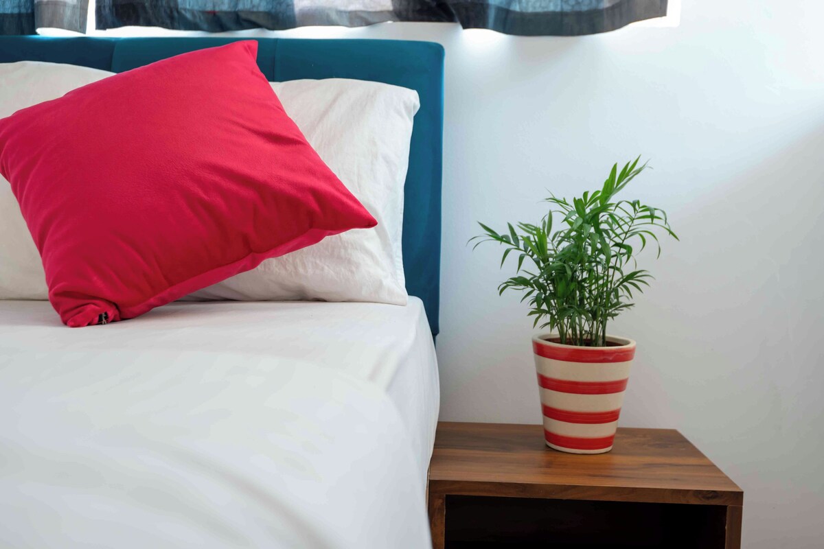 Uma cama com travesseiro vermelho e um vaso de planta listrado sobre uma mesa de cabeceira de madeira.