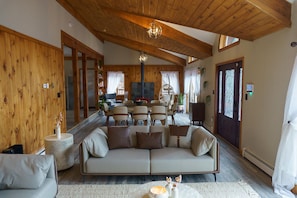 Smart TV, fireplace, books, music library