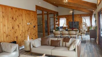 Smart TV, fireplace, books, music library
