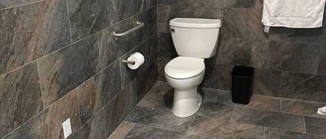 Et badeværelse med et hvidt toilet, vægge med mørke fliser og et flisegulv.