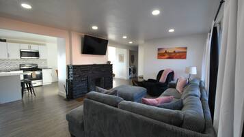 Smart TV, fireplace, video games, table football