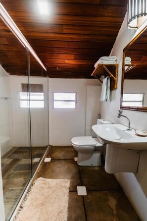 A bathroom with a wooden ceiling, a glass shower enclosure, a toilet, a sink, and a mirror. - Pousada do Joab - Fernando de Noronha (Fernando de Noronha)