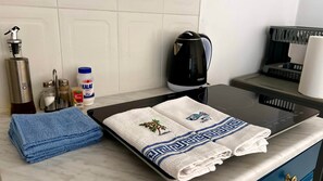 Kühlschrank, Herdplatte, Wasserkocher mit Kaffee-/Teezubehör