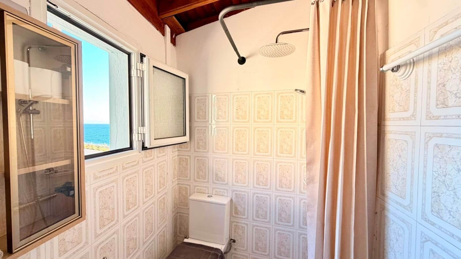 A bathroom with a shower, a toilet, a window, and a door.